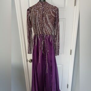 Sequined Long-Sleeve Purple Evening Gown